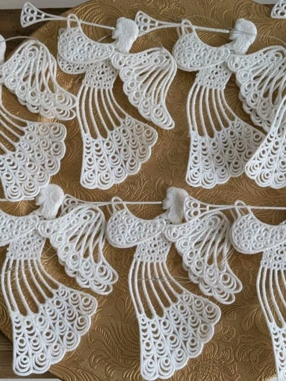 7 Vintage White Plastic Glitter Angels With Horn Xmas Ornaments